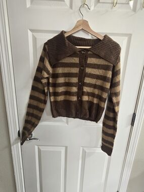 COLLUSION Striped Brown & Tan Button-Front Cardigan Sweater